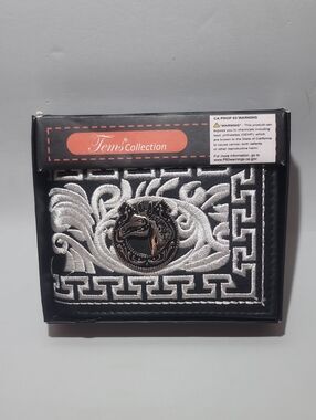 Tems Collection Black and White Embroidered Wallet with Metal Emblem